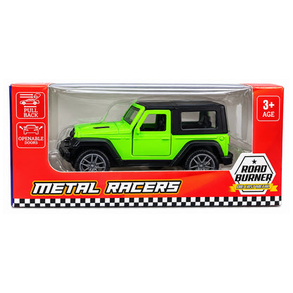 Road Burner Metal Racers Die-Cast Metal SUV Toy Car – Green Off-Road Jeep Style Model with Pull Back Action, Openable Doors & Realistic Detailing | Toy Vehicle for Kids Ages 3+