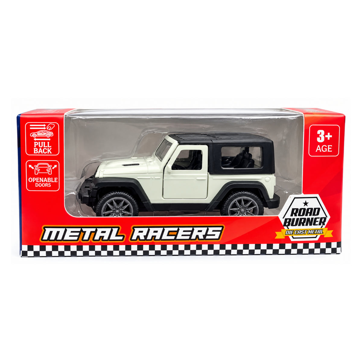 Road Burner Metal Racers 1:39 Scale Die-Cast Off-Road Jeep SUV Toy Car (White & Black) with Pull Back Action, Openable Doors, Metal Body – Toy Vehicle for Kids Ages 3+