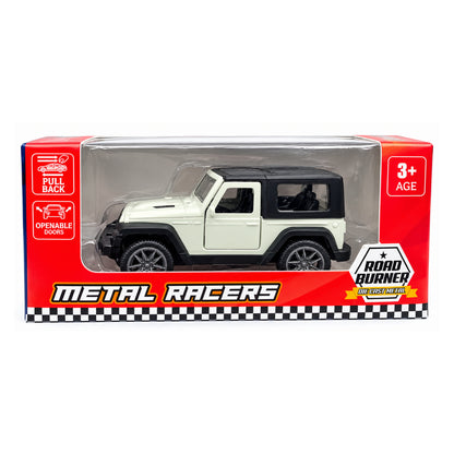 Road Burner Metal Racers 1:39 Scale Die-Cast Off-Road Jeep SUV Toy Car (White & Black) with Pull Back Action, Openable Doors, Metal Body – Toy Vehicle for Kids Ages 3+