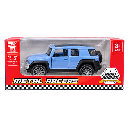 Road Burners Metal Racers 1:39 Scale Die-Cast SUV Toy Car – Blue Off-Road Model with Pull-Back Action, Openable Doors & Metal Body for Kids Ages 3+