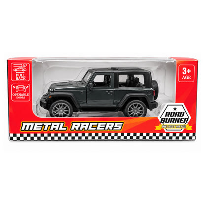 Road Burner Metal Racers 1:39 Scale Die-Cast Jeep Style Off-Road SUV Toy Car with Pull Back Action, Openable Doors, Metal Body & Detailed Interior – Dark Green