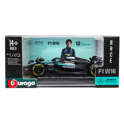 Bburago Mercedes-AMG F1 W16 E Performance Andrea Kimi Antonelli #12 1:43 Scale Die-Cast Formula 1 Racing Car Model – Mercedes-AMG PETRONAS F1 Team Collectible with Display Box