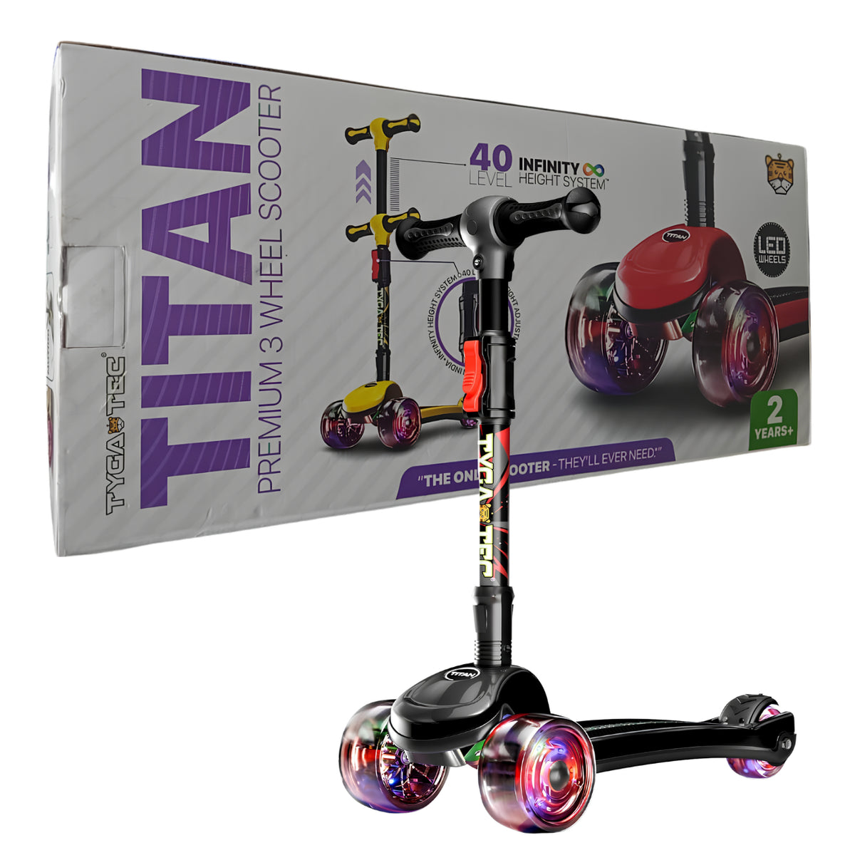 Tygatec Titan Premium 3-Wheel Kids Scooter Ages 2-10 | Adjustable Height | LED PU Wheels | Foldable Lean-to-Steer Scooter