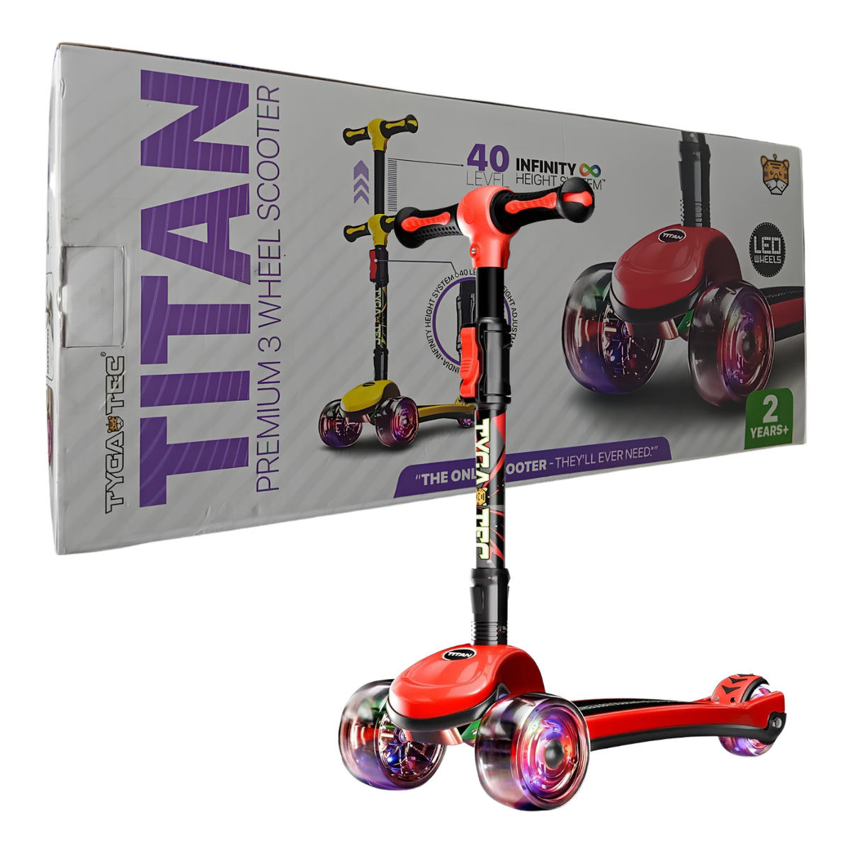 Tygatec Titan Premium 3-Wheel Kids Scooter Ages 2-10 | Adjustable Height | LED PU Wheels | Foldable Lean-to-Steer Scooter
