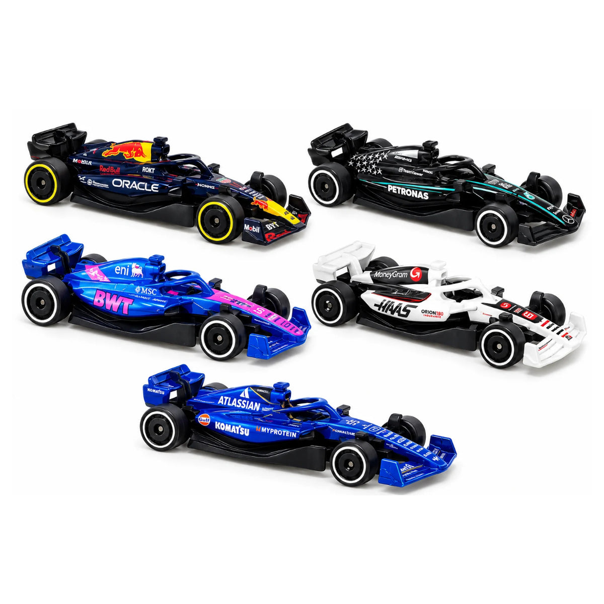 Hot Wheels Formula 1 2025 JKG12 (01806) Pack of 5 Diecast Racing Cars 1:64 Scale – Red Bull, Mercedes, Alpine, Haas & Williams F1 Collectible Toy Cars