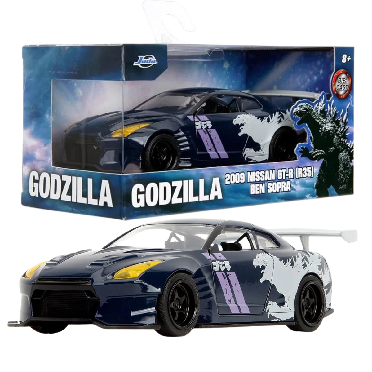 Jada Toys Godzilla 2009 Nissan GT-R (R35) Ben Sopra 1:32 Scale Diecast Model Car – Blue, Collectible Japanese Sports Car with Godzilla Graphics