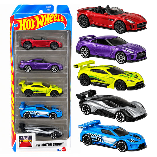 Hot Wheels 1:64 HW Motor Show JKG17 (01806) Pack of 5 Diecast Toy Cars – Premium Sports Cars & Supercars Collectible Racing Car Gift Set for Kids & Collectors