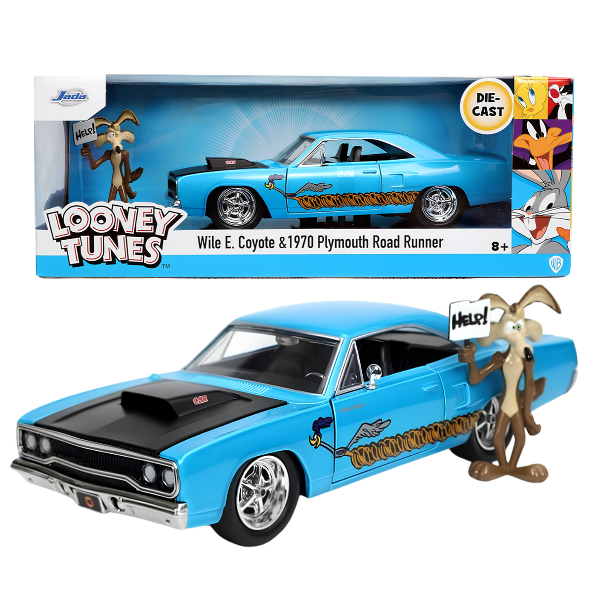 Jada Toys Looney Tunes Wile E. Coyote & 1970 Plymouth Road Runner 1:24 Scale Diecast Car with Collectible Figure – Blue