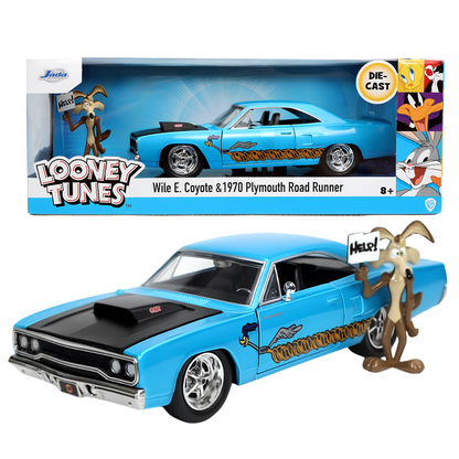Jada Toys Looney Tunes Wile E. Coyote & 1970 Plymouth Road Runner 1:24 Scale Diecast Car with Collectible Figure – Blue