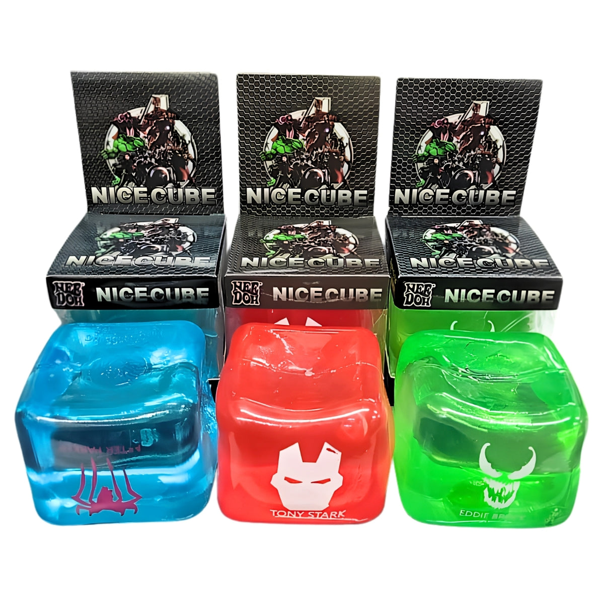 NeeDoh Nice Cube Marvel Avengers Super Solid Squishy Fidget Toy – Tony Stark Iron Man, Hulk & Spider-Man Stress Relief Sensory Squish Toy for Kids – Random Design, 1 Pc