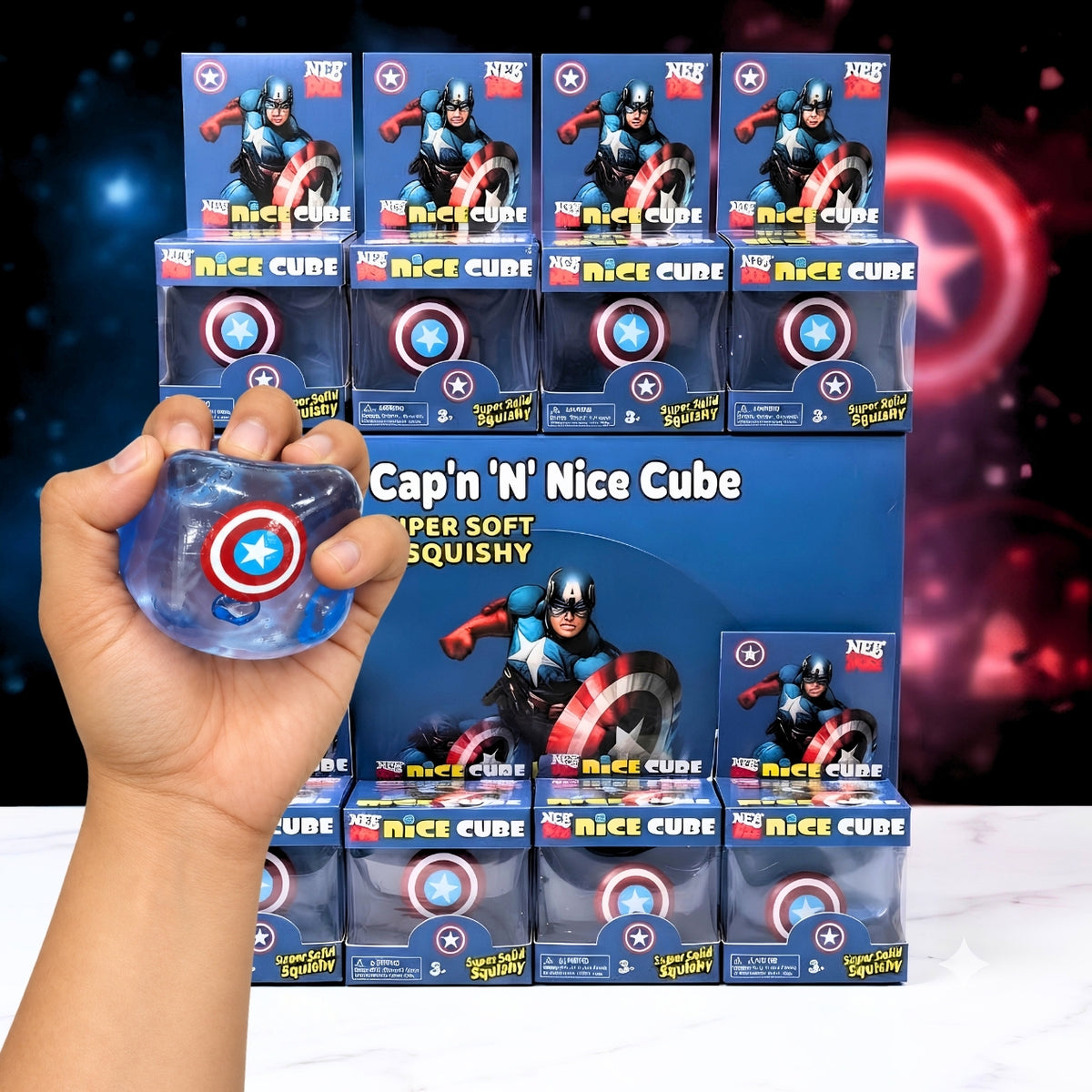 NeeDoh Super Solid Squish Captain Shield Nice Cube – Super Soft & Satisfying Squishy Sensory Fidget Toy, Stress Relief Squeeze Toy for Kids & Adults, Collectible Squish Toy, 3+ Years