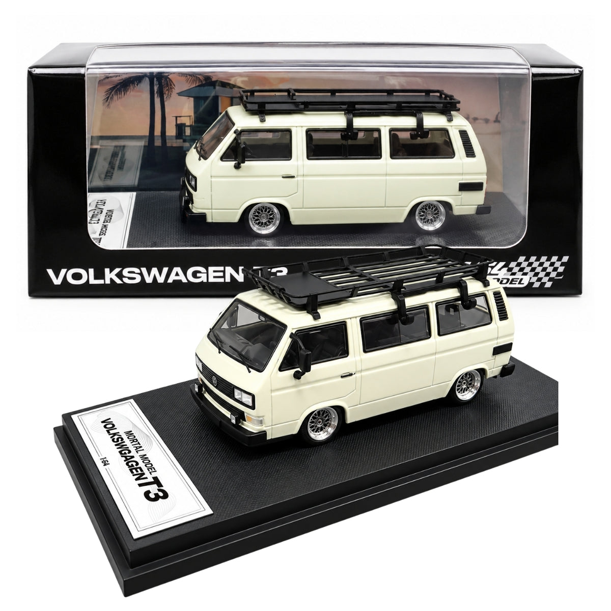 Mortal Model 1:64 Volkswagen T3 Multivan Die-Cast Model Car with Roof Rack, Detailed Interior, Accessories & Premium Display Base – Cream Collectible Miniature Van