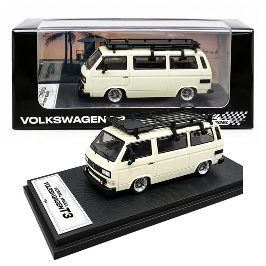 Mortal Model 1:64 Volkswagen T3 Multivan Die-Cast Model Car with Roof Rack, Detailed Interior, Accessories & Premium Display Base – Cream Collectible Miniature Van