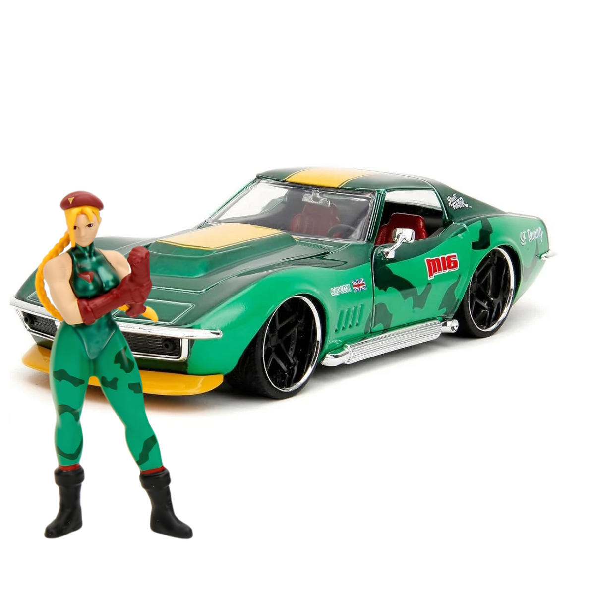 Jada Toys Street Fighter Cammy & 1969 Chevrolet Corvette Stingray ZL1 1:24 Scale Diecast Car with Collectible Figure – Green
