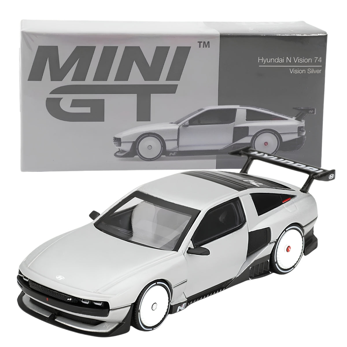 MINI GT 1207 Hyundai N Vision 74 Vision Silver 1:64 Scale Die-Cast Collectible Model Car with Rear Wing – Detailed Concept Car Miniature for Collectors & Display