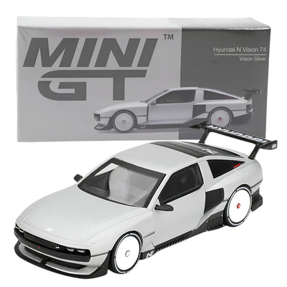 MINI GT 1207 Hyundai N Vision 74 Vision Silver 1:64 Scale Die-Cast Collectible Model Car with Rear Wing – Detailed Concept Car Miniature for Collectors & Display