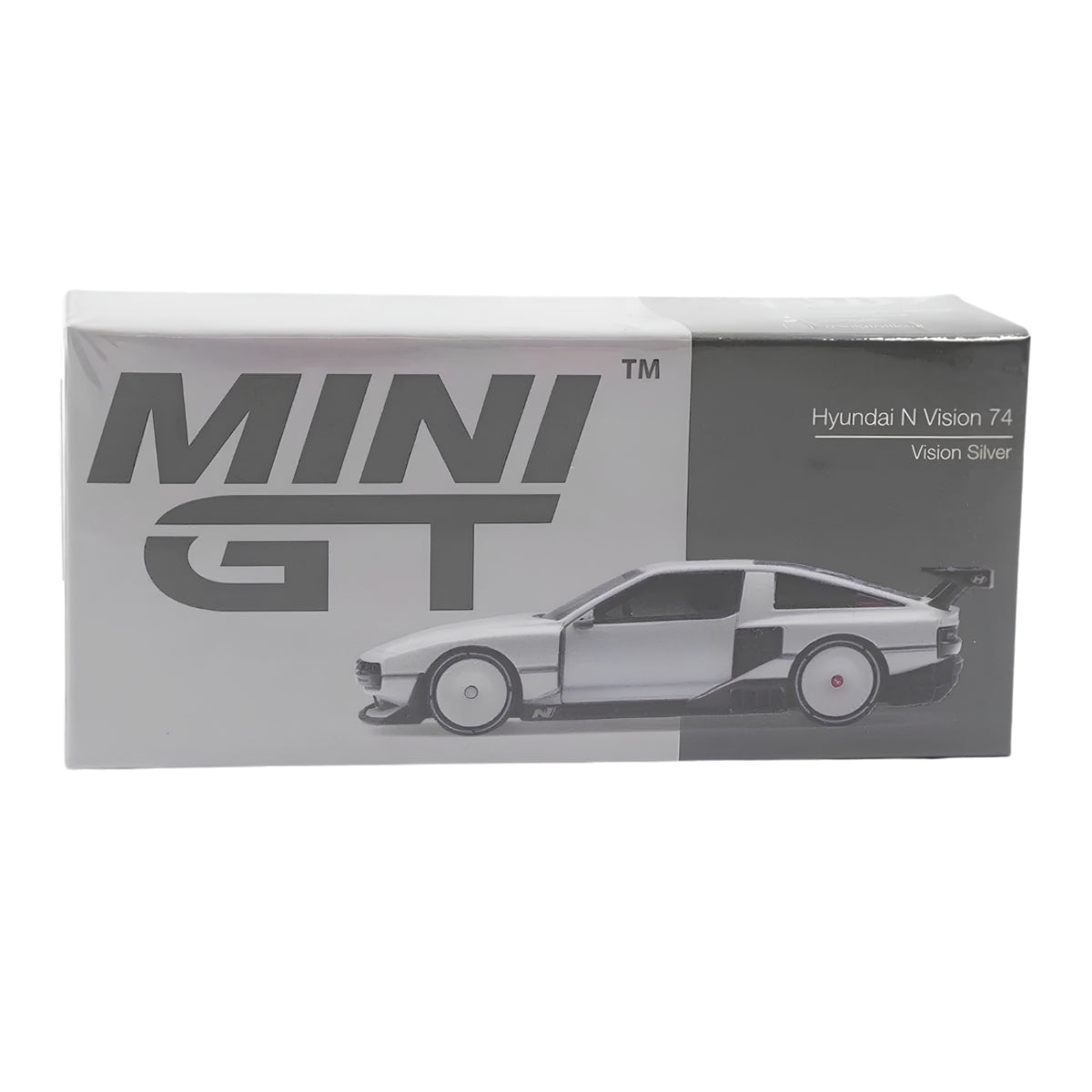 MINI GT 1207 Hyundai N Vision 74 Vision Silver 1:64 Scale Die-Cast Collectible Model Car with Rear Wing – Detailed Concept Car Miniature for Collectors & Display
