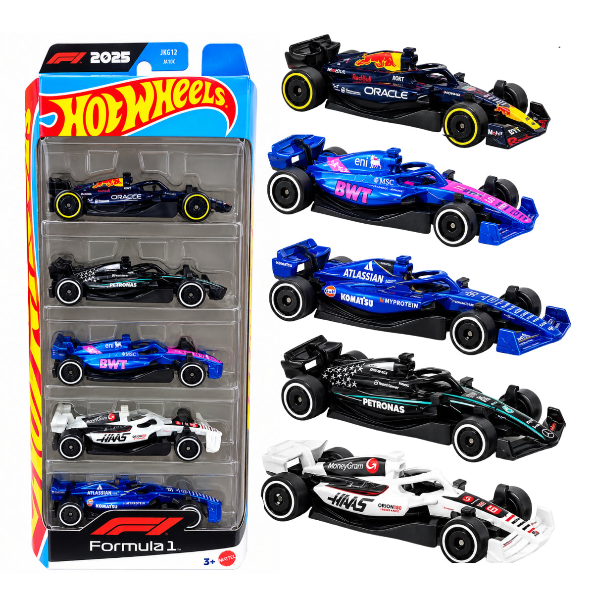 Hot Wheels Formula 1 2025 JKG12 (01806) Pack of 5 Diecast Racing Cars 1:64 Scale – Red Bull, Mercedes, Alpine, Haas & Williams F1 Collectible Toy Cars