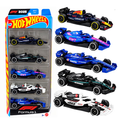 Hot Wheels Formula 1 2025 JKG12 (01806) Pack of 5 Diecast Racing Cars 1:64 Scale – Red Bull, Mercedes, Alpine, Haas & Williams F1 Collectible Toy Cars