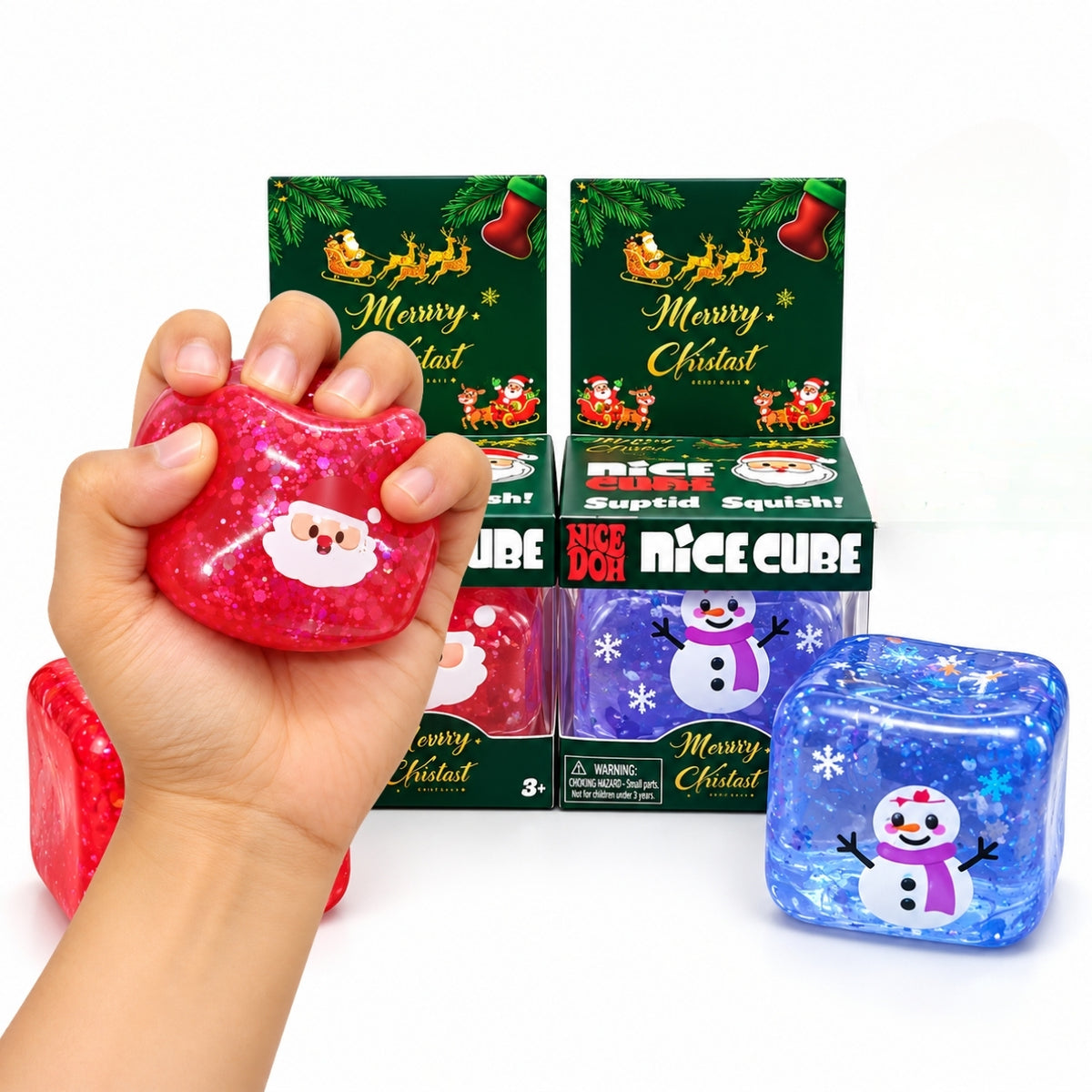 Christmas Nice Cube Squishy Stress Relief Toy for Kids – Santa & Snowman Glitter Sensory Squeeze Fidget Toy, Soft Hand Squishy Christmas Gift – Random Design, 1 Pc