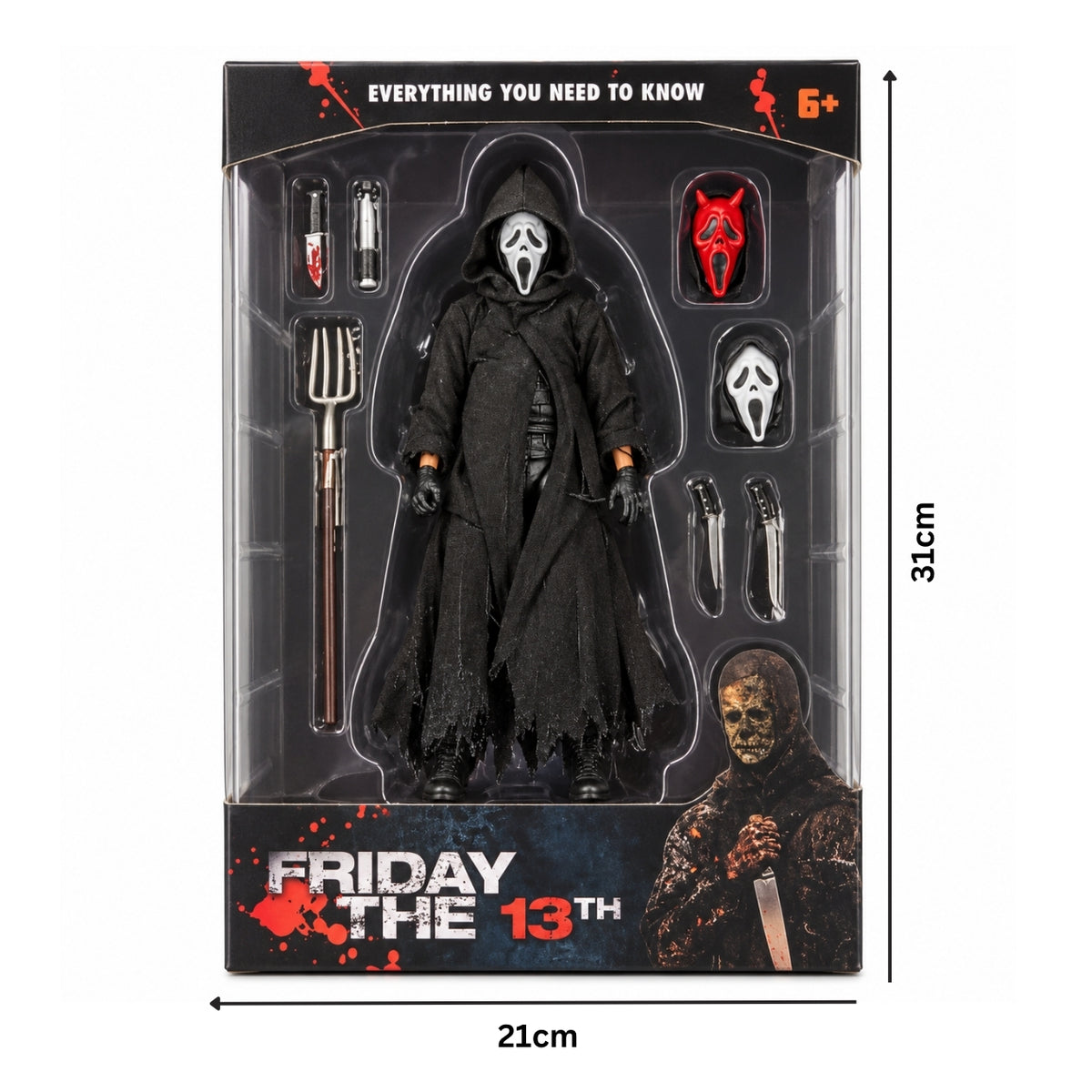 Ghost Face Friday the 13th Horror Action Figure Set with Pitchfork, Knives & Interchangeable Masks | Halloween Collectible Figure for Kids & Horror Fans Ages 6+