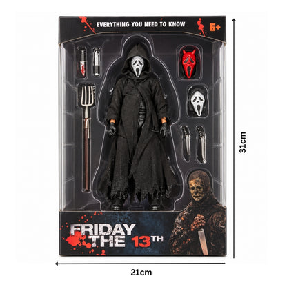 Ghost Face Friday the 13th Horror Action Figure Set with Pitchfork, Knives & Interchangeable Masks | Halloween Collectible Figure for Kids & Horror Fans Ages 6+