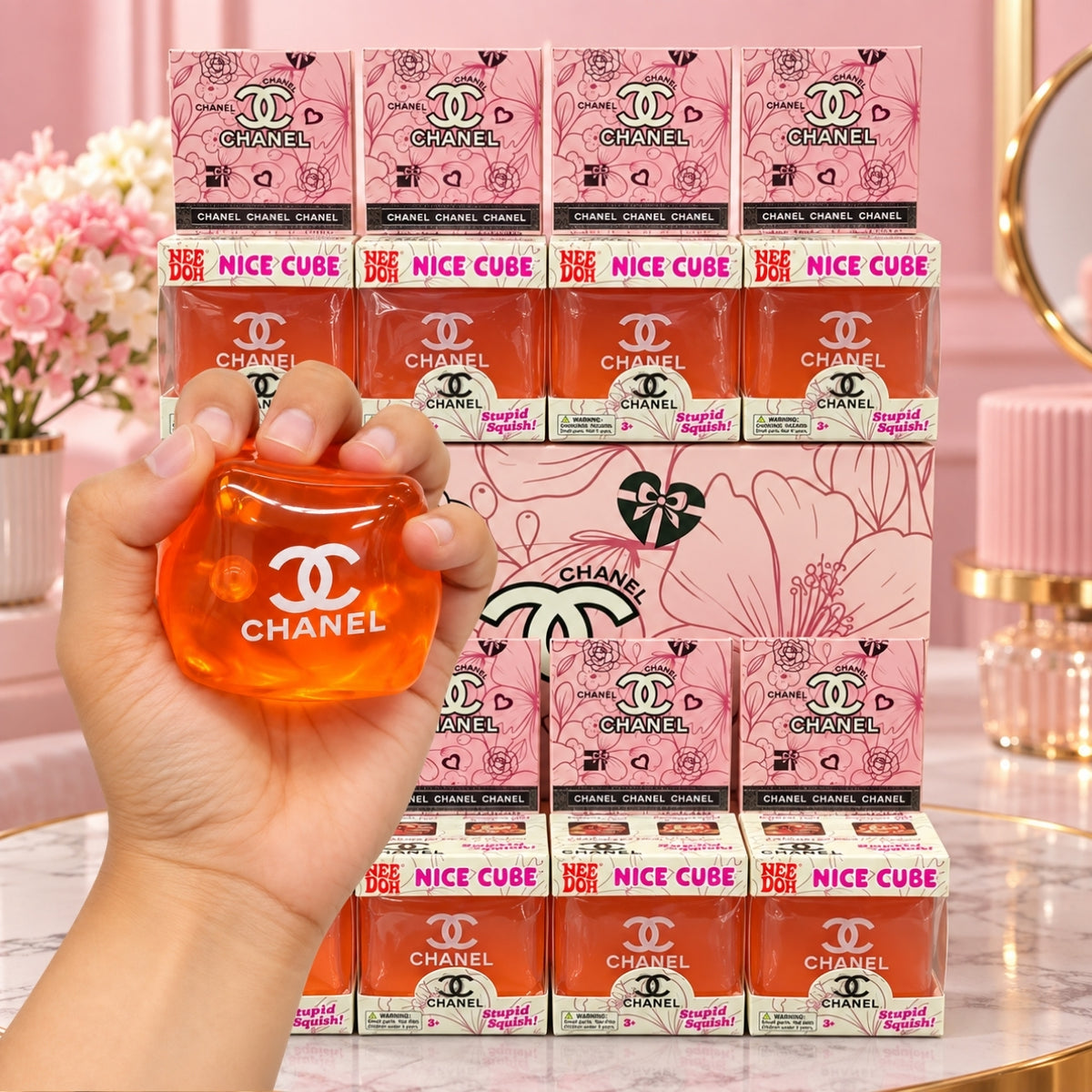 Chanel Nice Cube Squishy Toy for Kids – Soft Squeeze Sensory Stress Relief Fidget Cube, Slow-Rising Squishy Stress Ball Toy for Relaxation, Hand Exercise & Gifting, Orange, 3+ Years