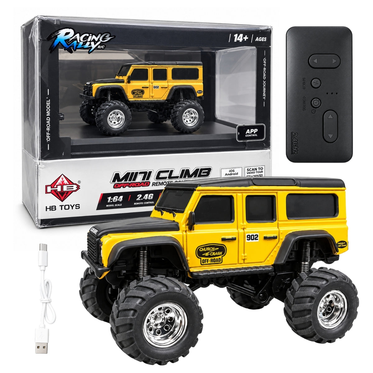 HB Toys Racing Rally R/C Mini Climb 1:64 Scale Off-Road Remote Control Car – 2.4GHz RC, RTR Alloy Body Mini Rock Crawler with App Control