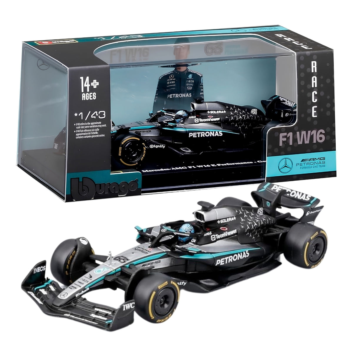 Bburago 1:43 Mercedes-AMG Petronas Formula One Team F1 W16 E Performance George Russell #63 Die-Cast Racing Model Car Collectible for F1 Fans & Motorsport Collectors