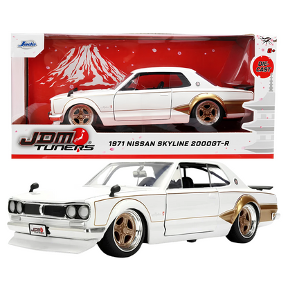 Jada Toys JDM Tuners 1971 Nissan Skyline 2000GT-R 1:24 Scale Diecast Model Car – White & Gold Japanese Classic Sports Car Collectible