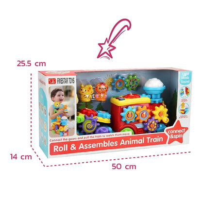 Five Star Roll & Assemble Animal Train Toy – Gear Connection Train with Light, Music & Spinning Animal Figures for Toddlers