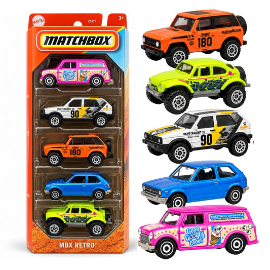 Matchbox JBX36 MBX Retro 5-Pack Die-Cast Car Set – Vintage Style Collectible Mini Vehicles with 5 Assorted Cars, Off-Roaders & Retro Models for Kids, Diecast Collectors, Display & Gifting