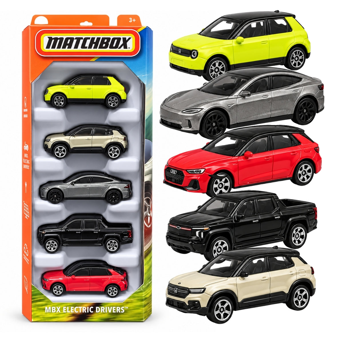 Matchbox JBX18 MBX Electric Drivers 5-Pack Die-Cast Toy Cars | Honda, Tesla, Audi & Chevrolet Collectible Vehicle Set Electric Drivers Models for Kids, Diecast Collectors, Display & Gifting