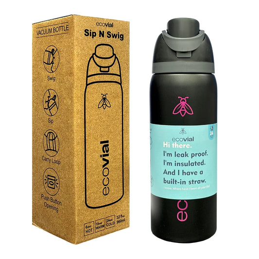 Ecovial 32 OZ - Vacuum Bottle Sip n Swig 960 ML (Black) - Jaiman Toys