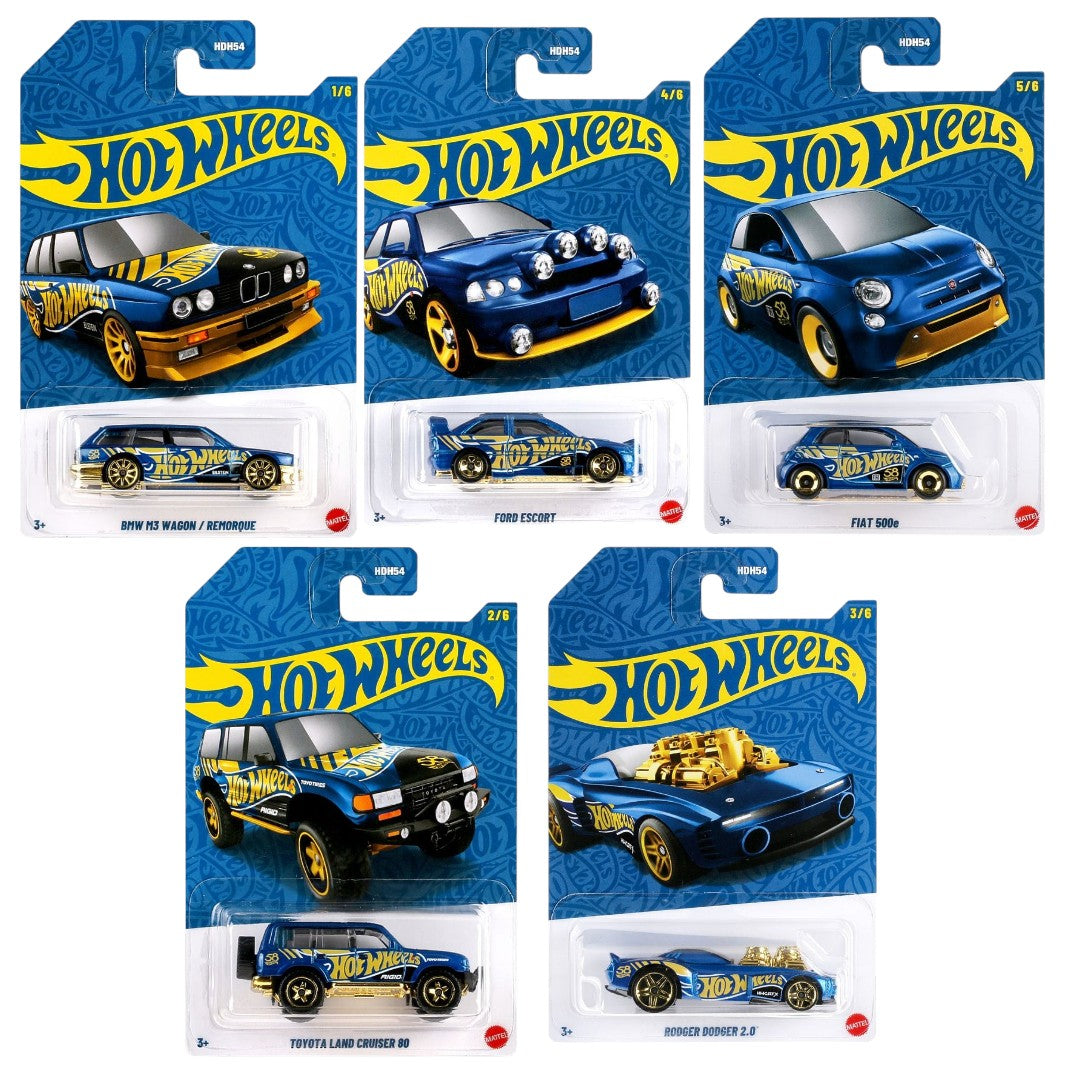 Hot Wheels 58th Anniversary Series 5-Car Set – BMW M3 Wagon, Ford Escort, Fiat 500e, Toyota Land Cruiser 80 & Rodger Dodger 2.0 Die-Cast Cars