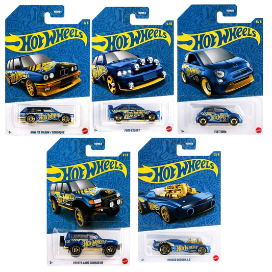 Hot Wheels 58th Anniversary Series 5-Car Set – BMW M3 Wagon, Ford Escort, Fiat 500e, Toyota Land Cruiser 80 & Rodger Dodger 2.0 Die-Cast Cars