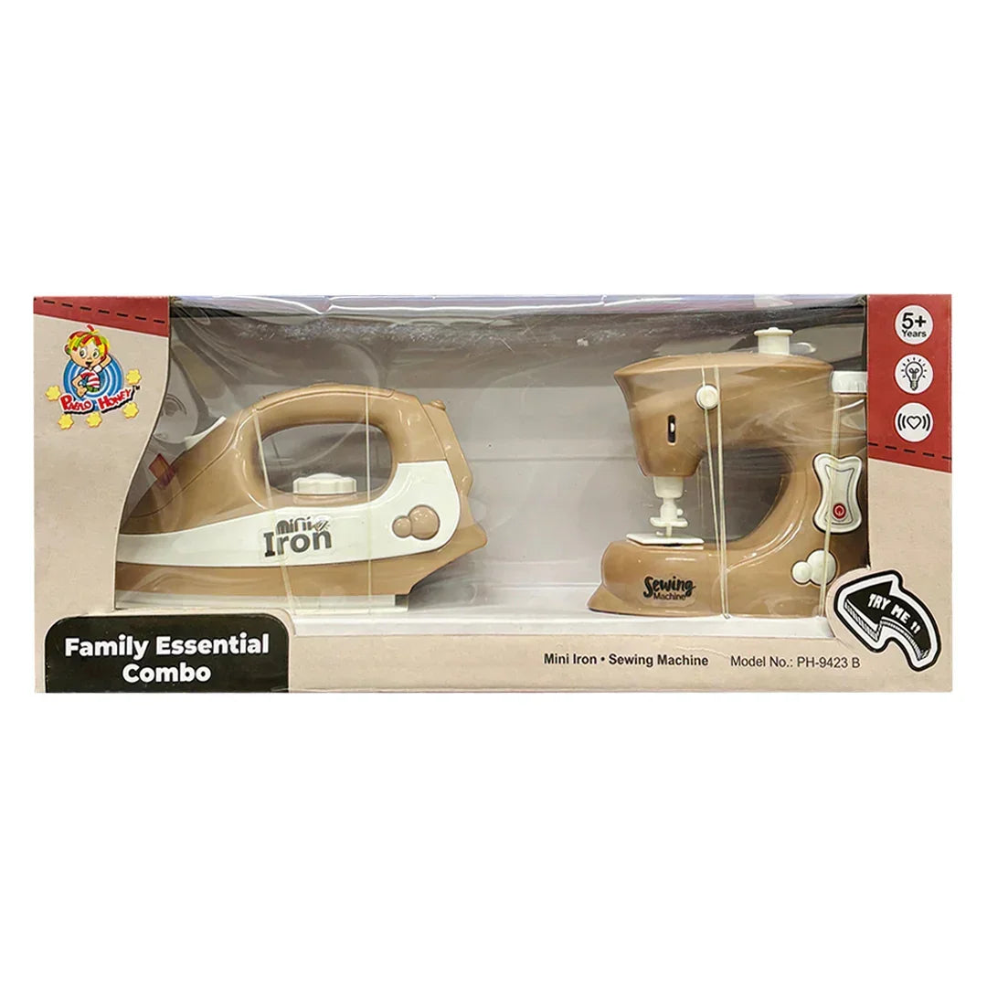 Pablo Honey Mini Iron & Sewing Machine Household Play Set (Brown) - Jaiman Toys