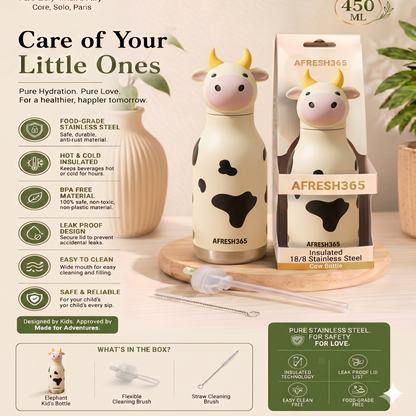 AFRESH 365 Animal Head Collection Cow Stainless Steel Vacuum Insulated Water Bottle 450ml (16oz) with Straw, Cleaning Brush With 3 Colour Variants