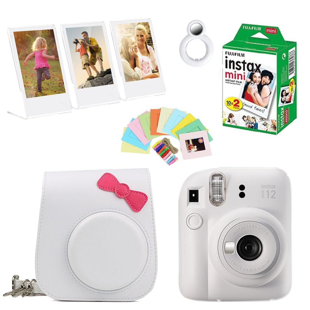 Fujifilm Instax Mini 12 Instant Camera + 20 Shot Films+1 Butterfly Camera Case + 1x Photo Stand + Photo Hanging 1 Set + 1x Close up Selfie Lens - Clay White, Mini 12